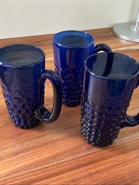 Vintage Cobalt Blue Textured glass mugs- Set of 3